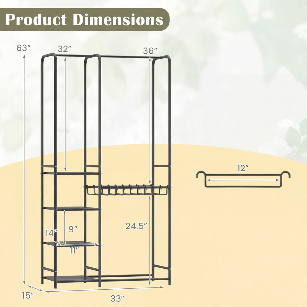 Portable Closet Organizer with 2 Hanging Rods & 4 Shelves - Black