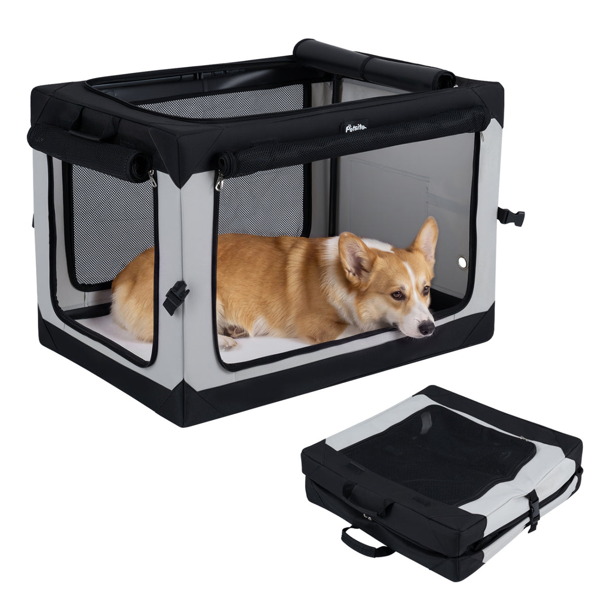 Soft Dog Crate - 3 Sizes Collapsible Pet Carrier with Mesh Doors & Removable Mat - M