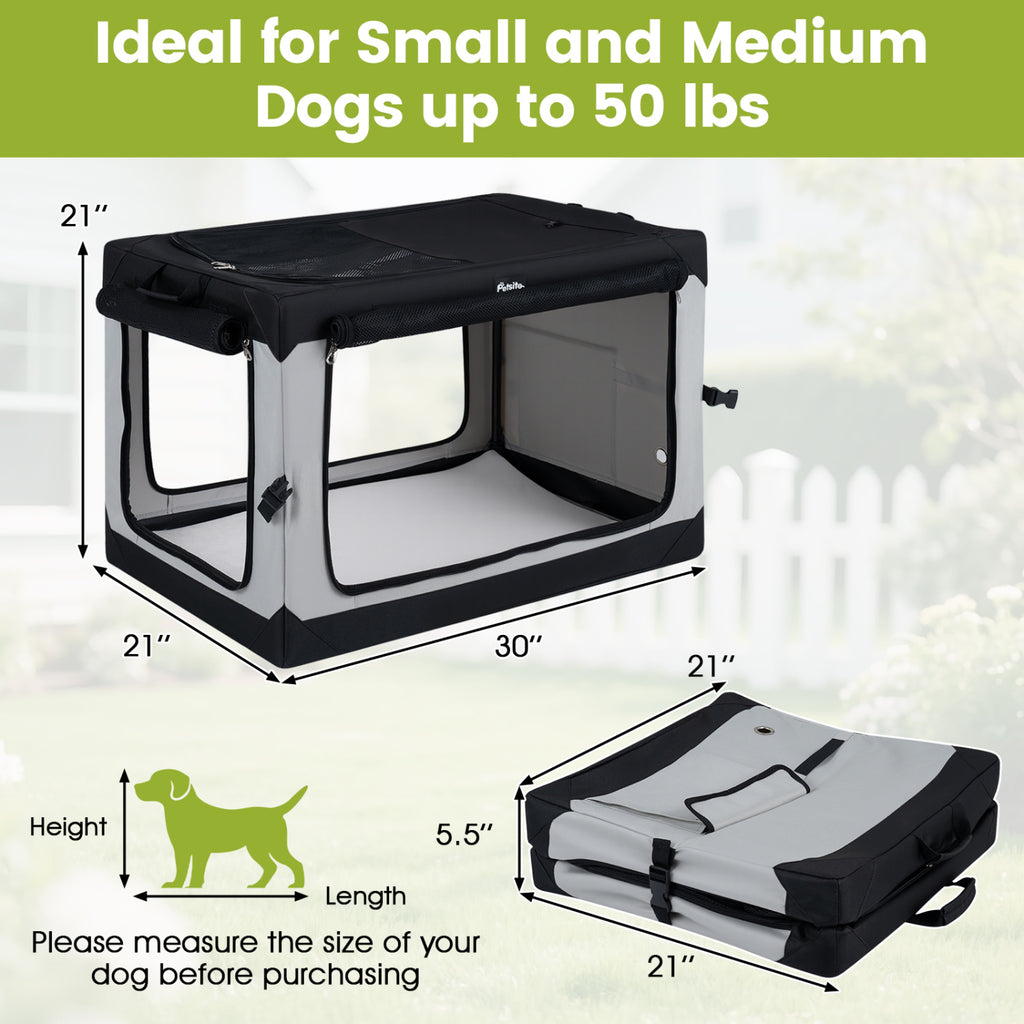 Soft Dog Crate - 3 Sizes Collapsible Pet Carrier with Mesh Doors & Removable Mat - M