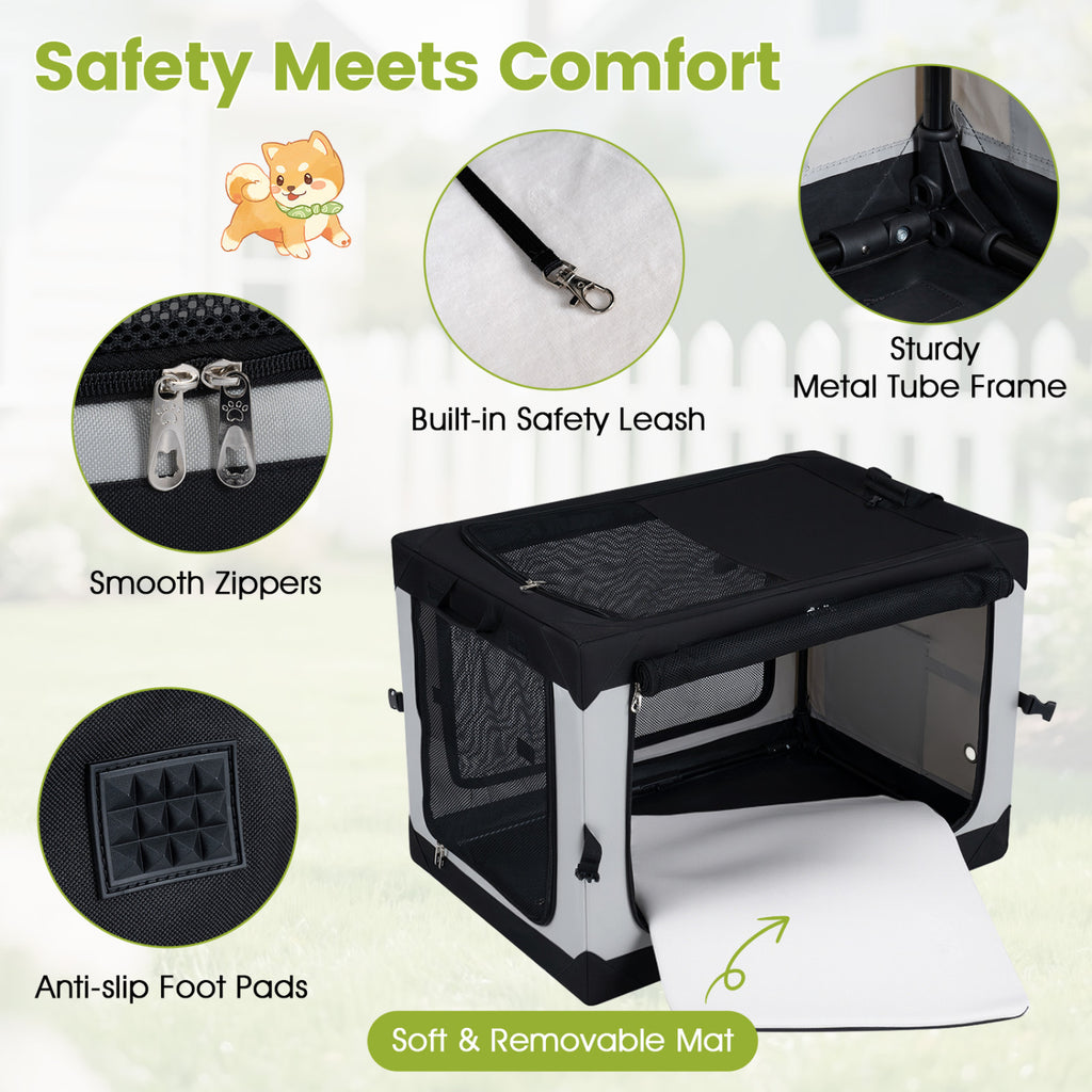 Soft Dog Crate - 3 Sizes Collapsible Pet Carrier with Mesh Doors & Removable Mat - M