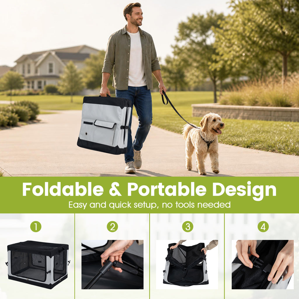 Soft Dog Crate - 3 Sizes Collapsible Pet Carrier with Mesh Doors & Removable Mat - M