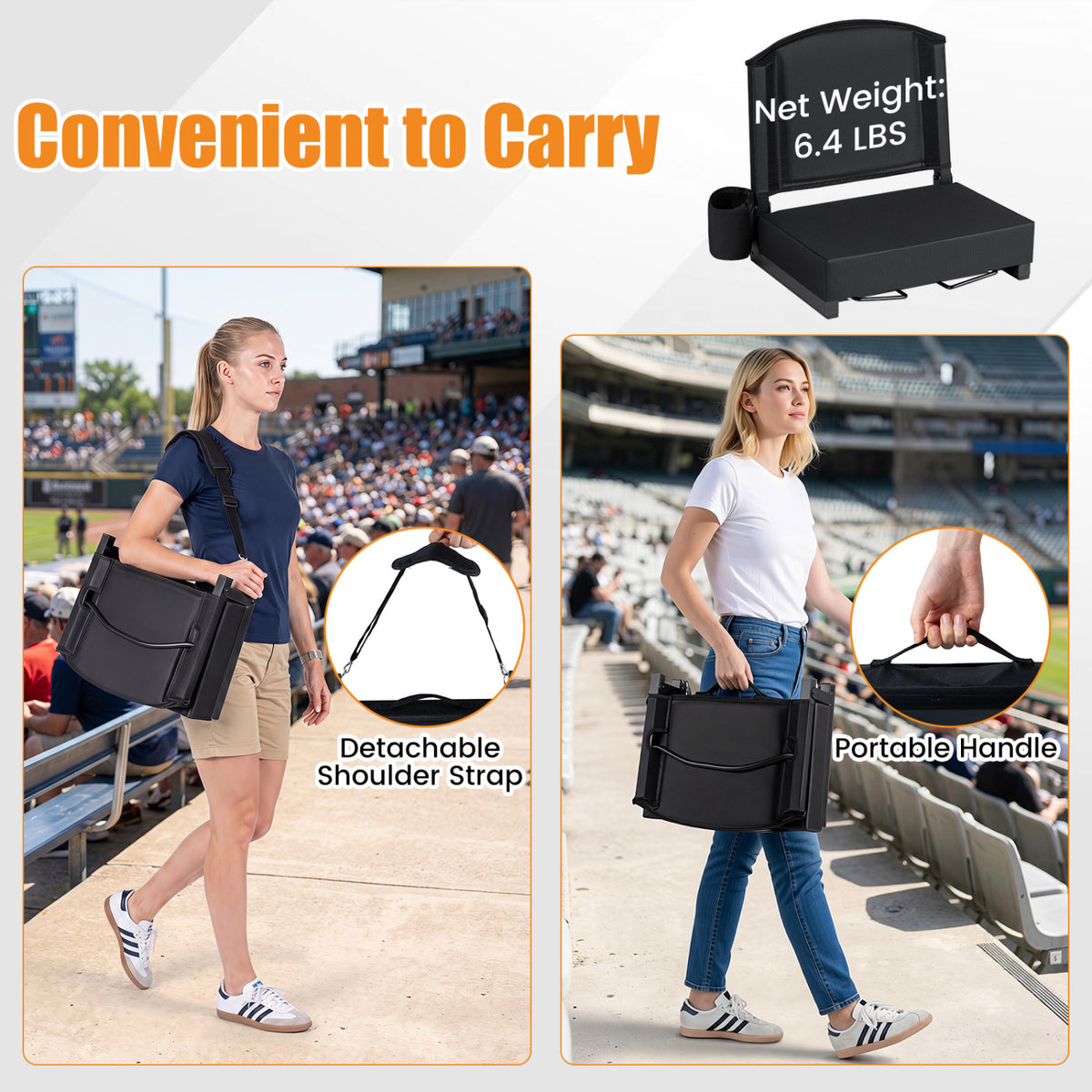 Portable Folding Bleacher Chair with Thick Padded Cushion, Removable