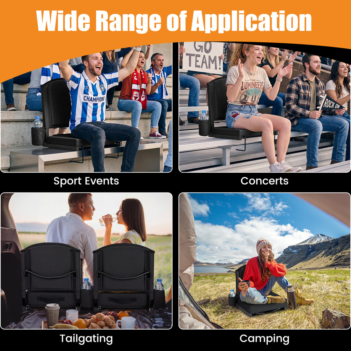 Portable Folding Bleacher Chair with Thick Padded Cushion, Removable