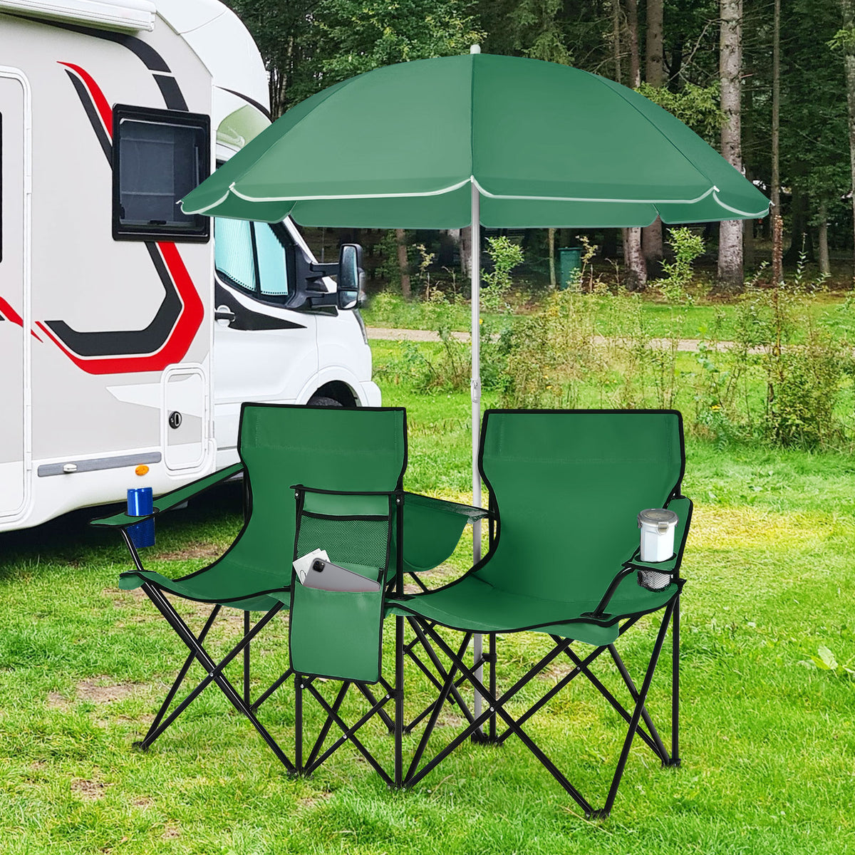 Portable Folding Picnic Double Chair With Removable Umbrella