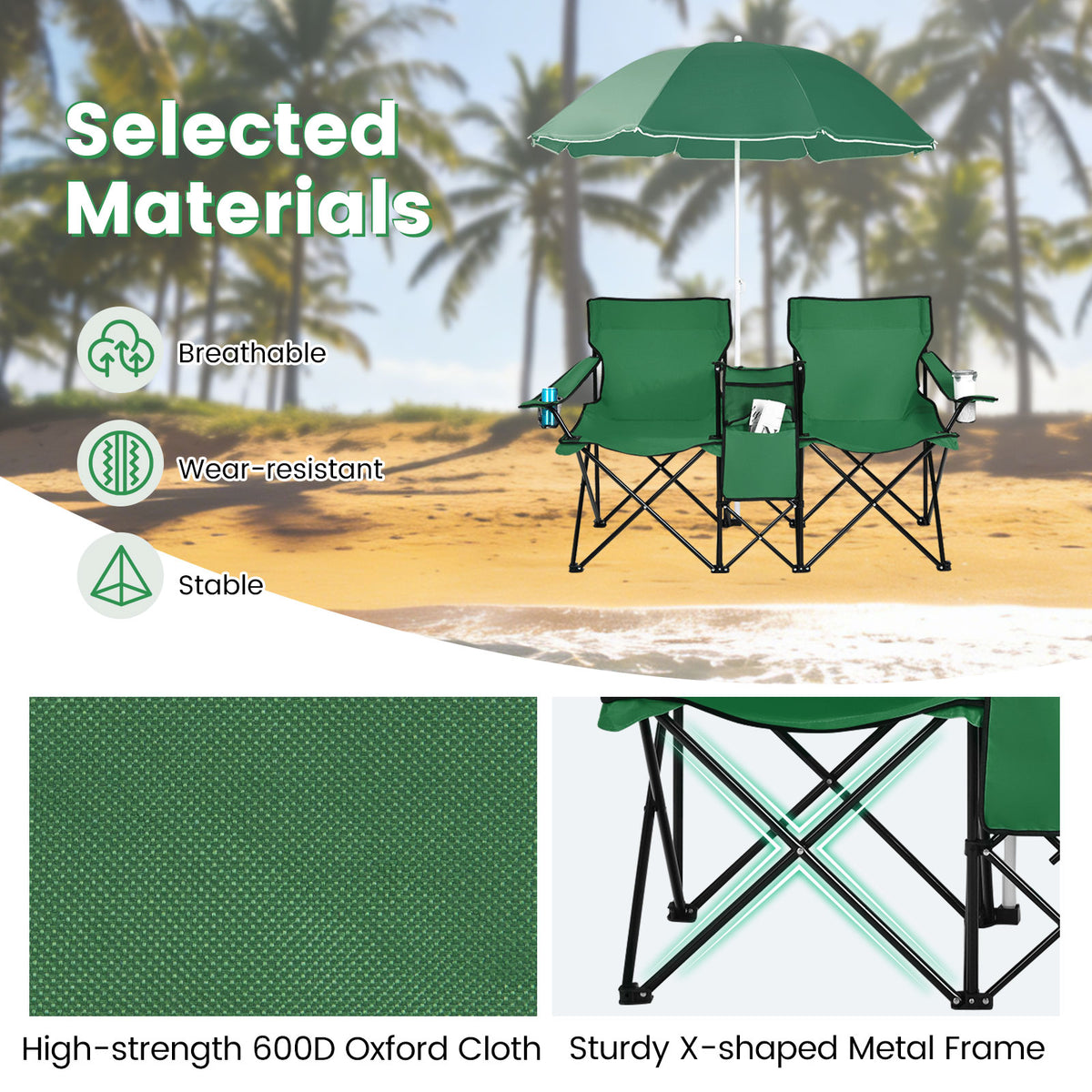 Portable Folding Picnic Double Chair With Removable Umbrella