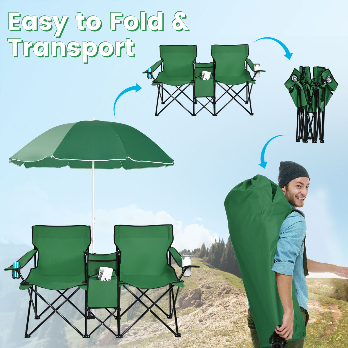 Portable Folding Picnic Double Chair With Removable Umbrella
