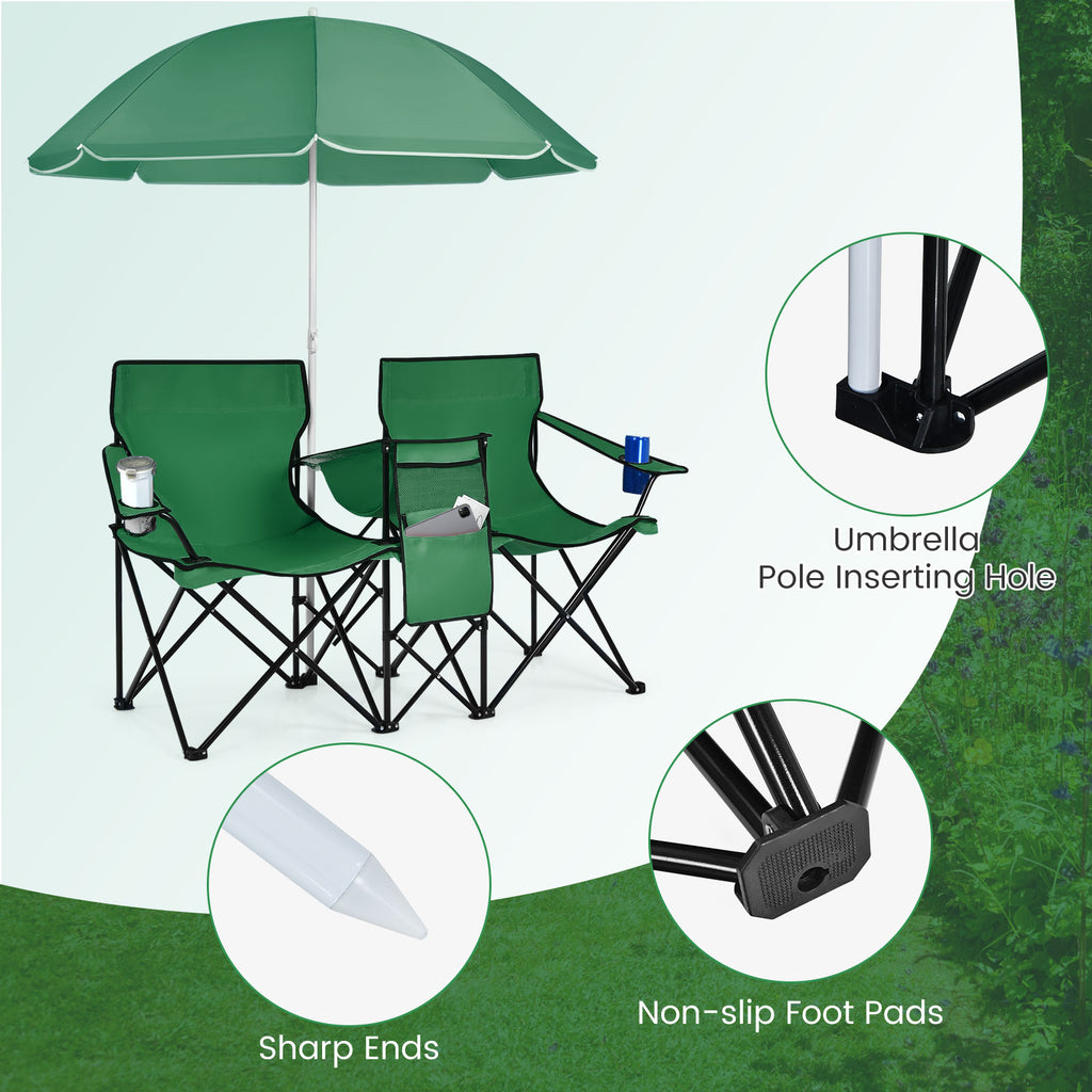 Portable Folding Picnic Double Chair With Removable Umbrella