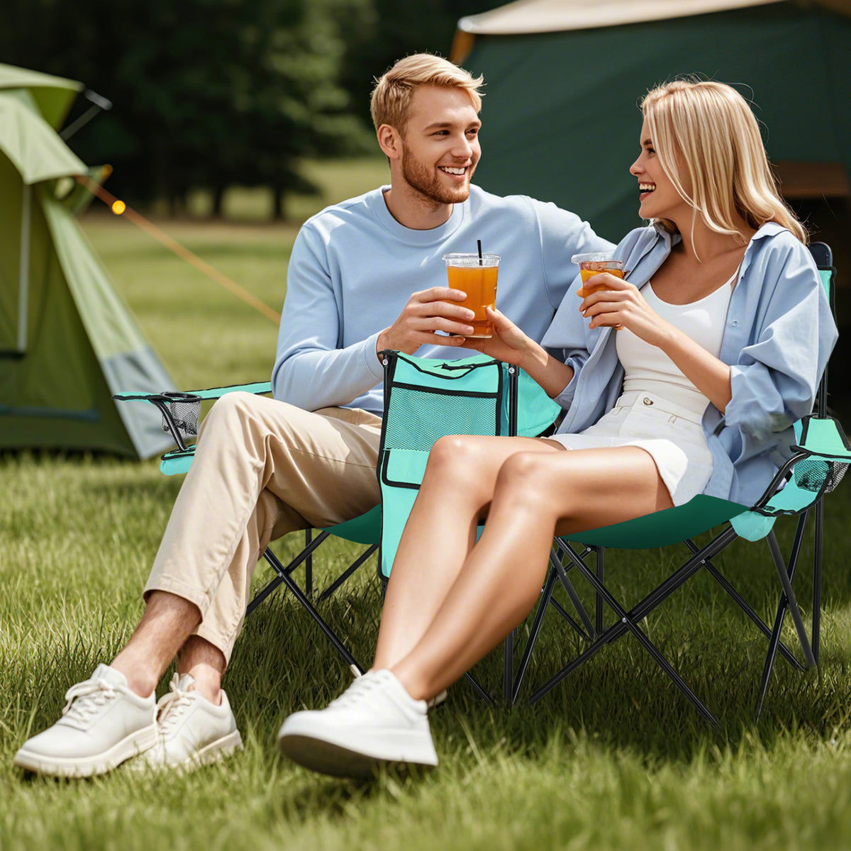 Portable Double Folding Picnic Chair with Umbrella – Mint Green