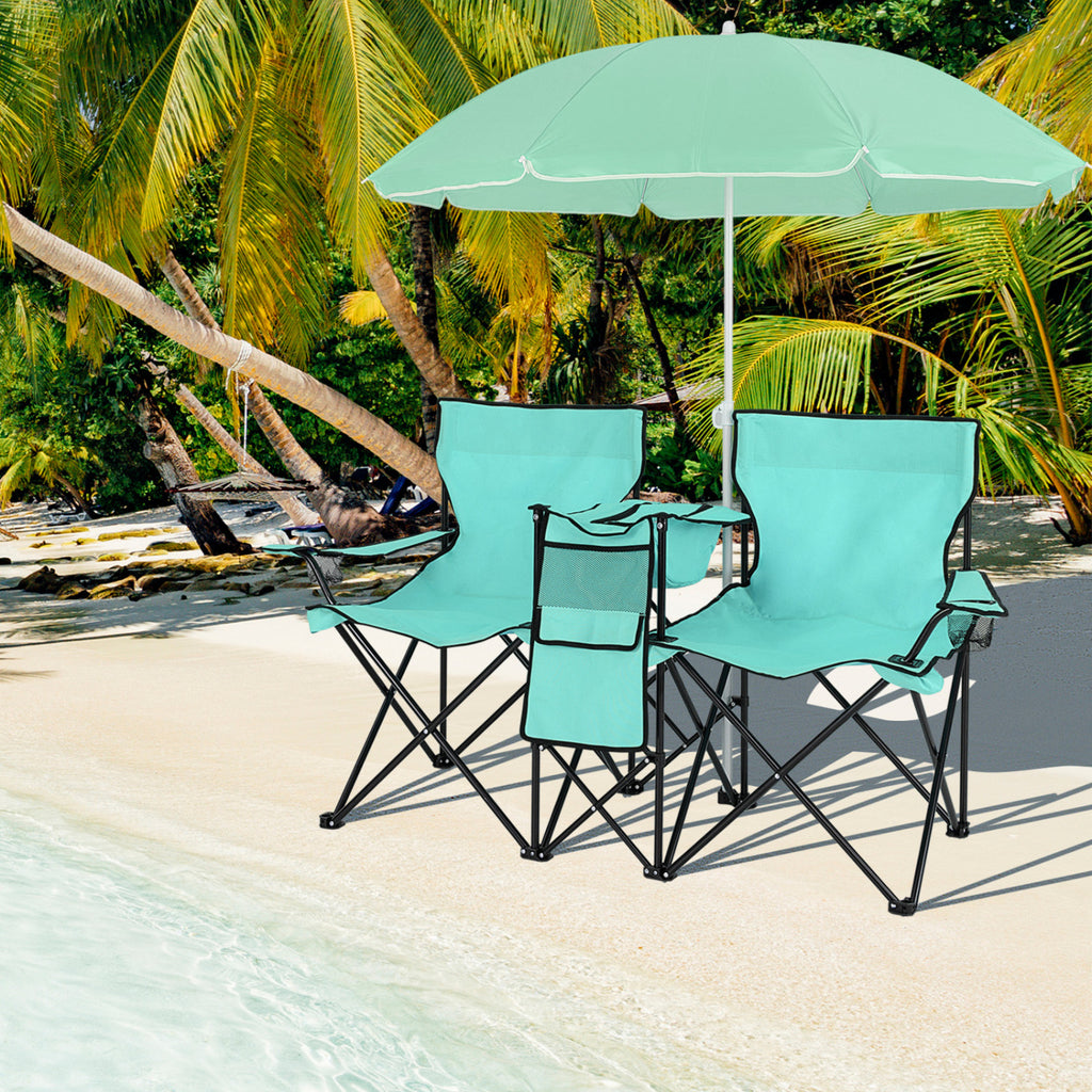 Portable Double Folding Picnic Chair with Umbrella – Mint Green