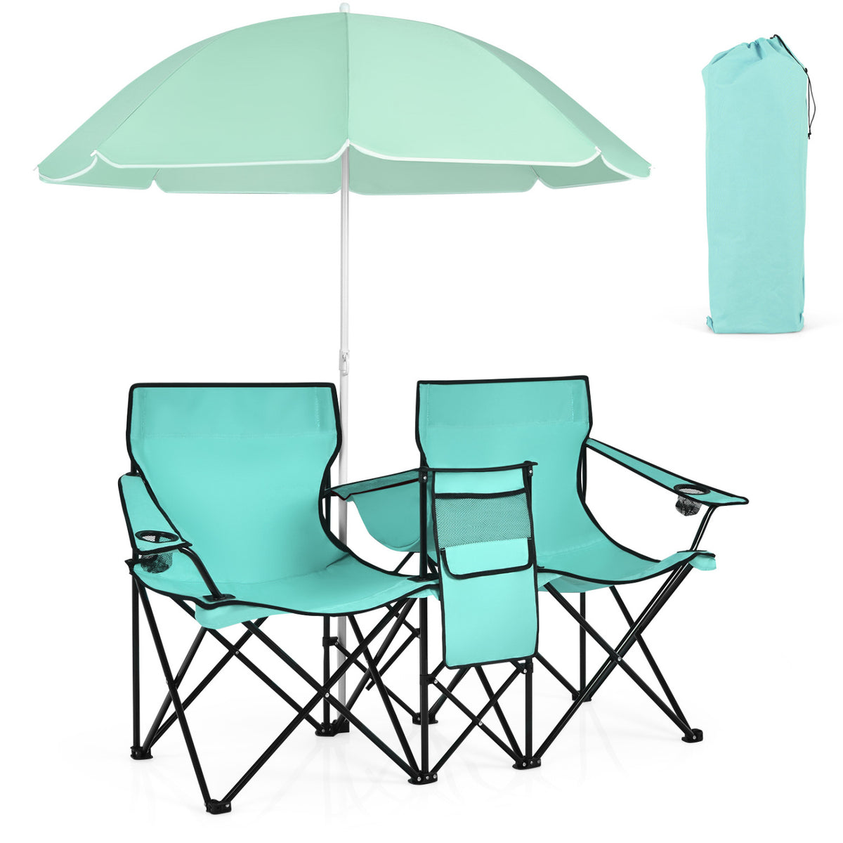 Portable Double Folding Picnic Chair with Umbrella – Mint Green