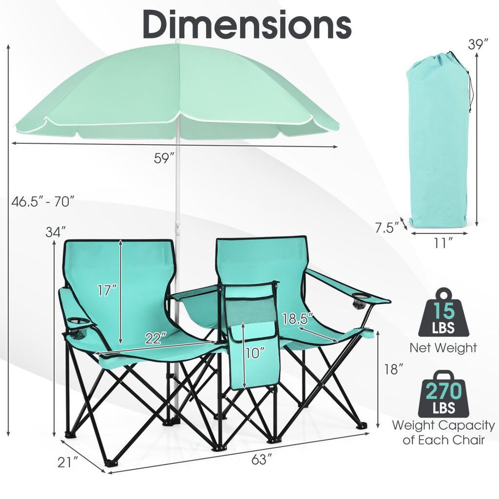 Portable Double Folding Picnic Chair with Umbrella – Mint Green