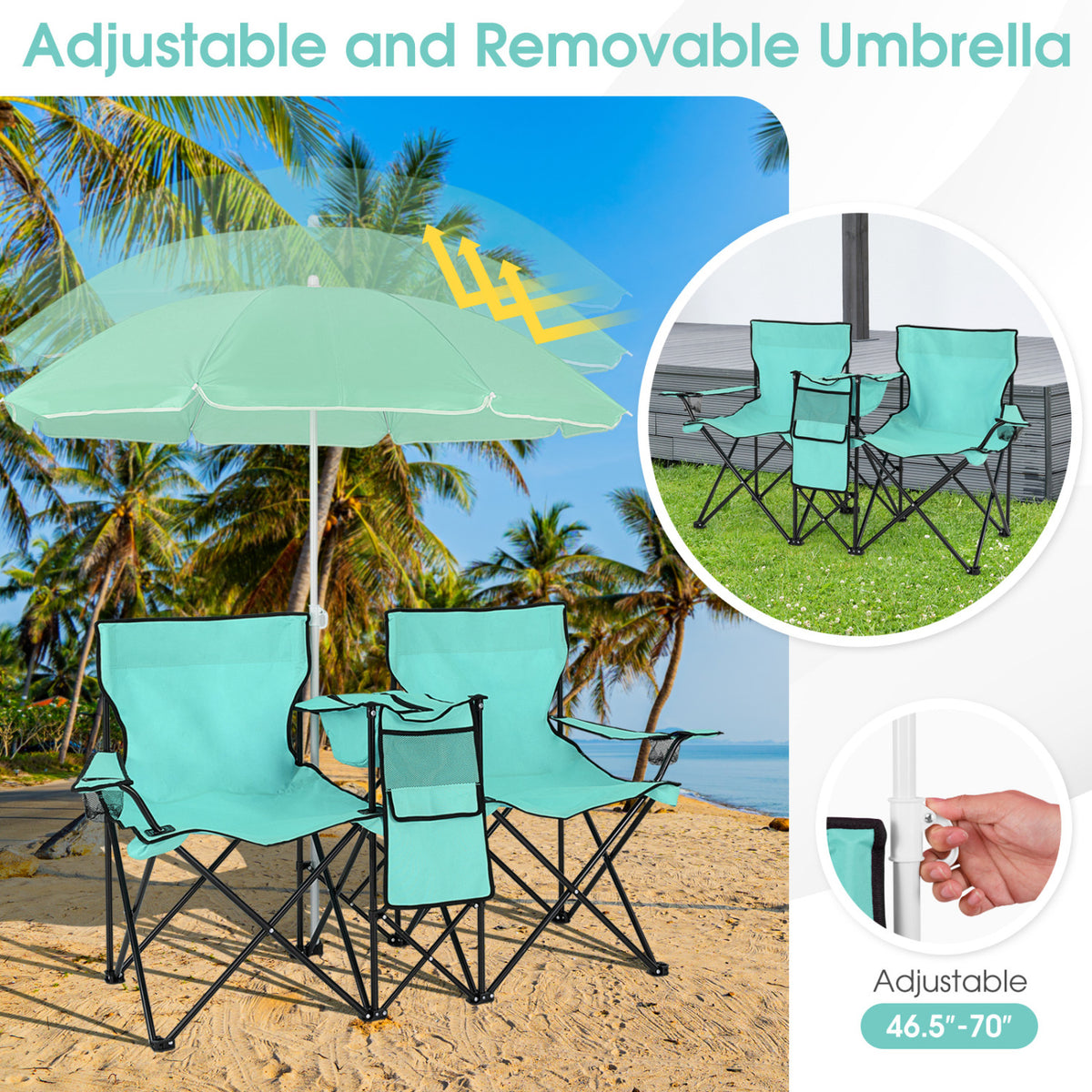 Portable Folding Picnic Double Chair With Removable Umbrella