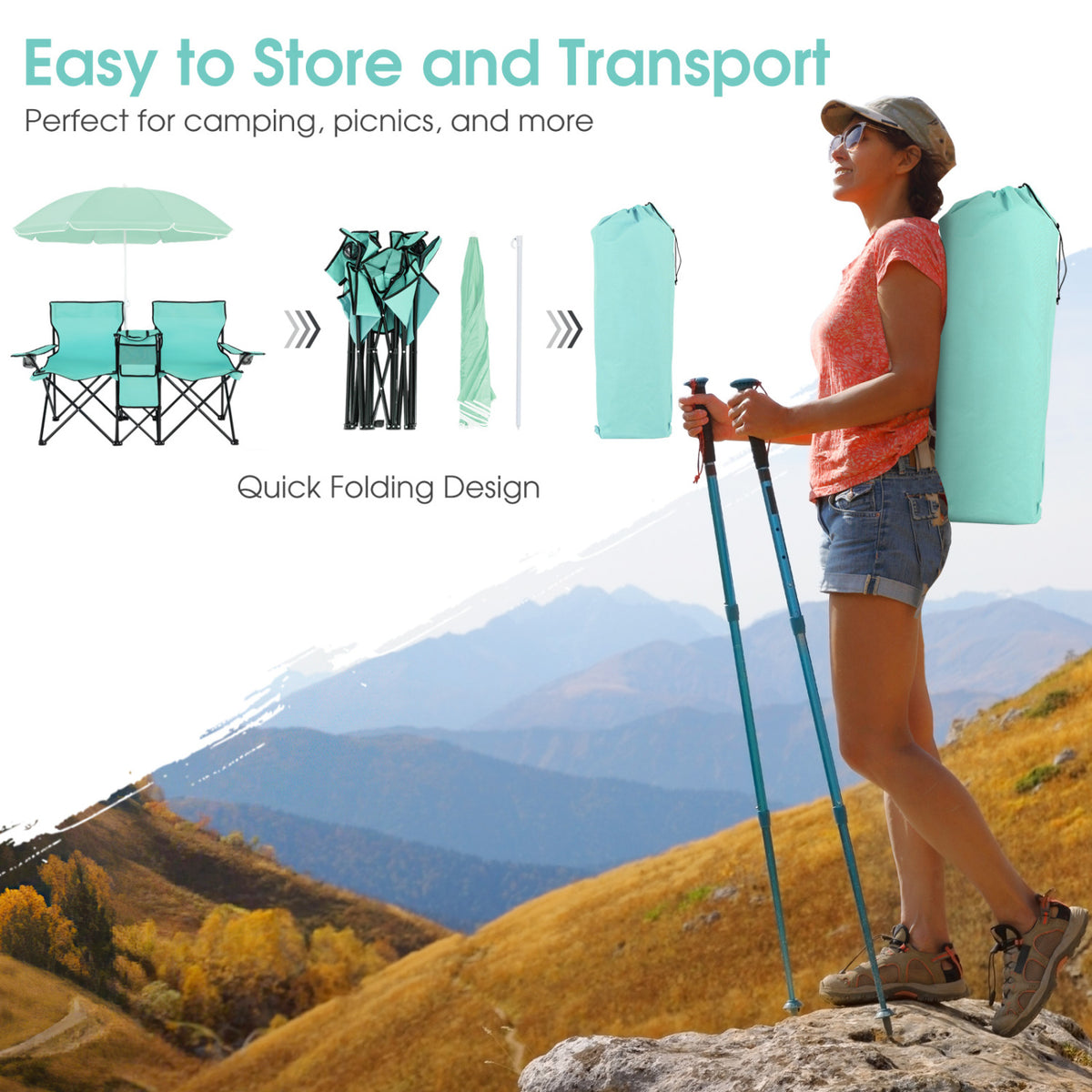 Portable Double Folding Picnic Chair with Umbrella – Mint Green