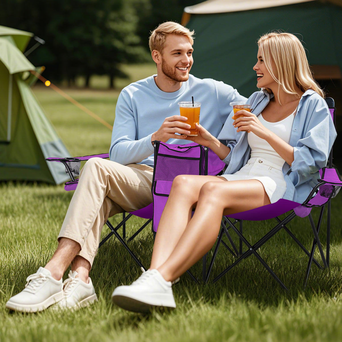 Portable Folding Double Chair with Umbrella – Purple