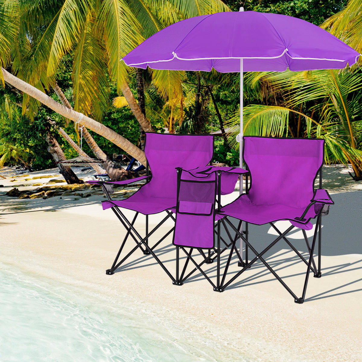 Portable Folding Double Chair with Umbrella – Purple