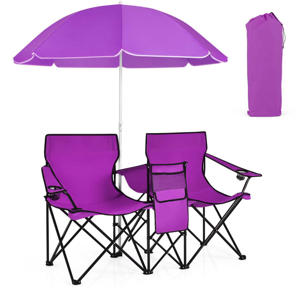 Portable Folding Double Chair with Umbrella – Purple