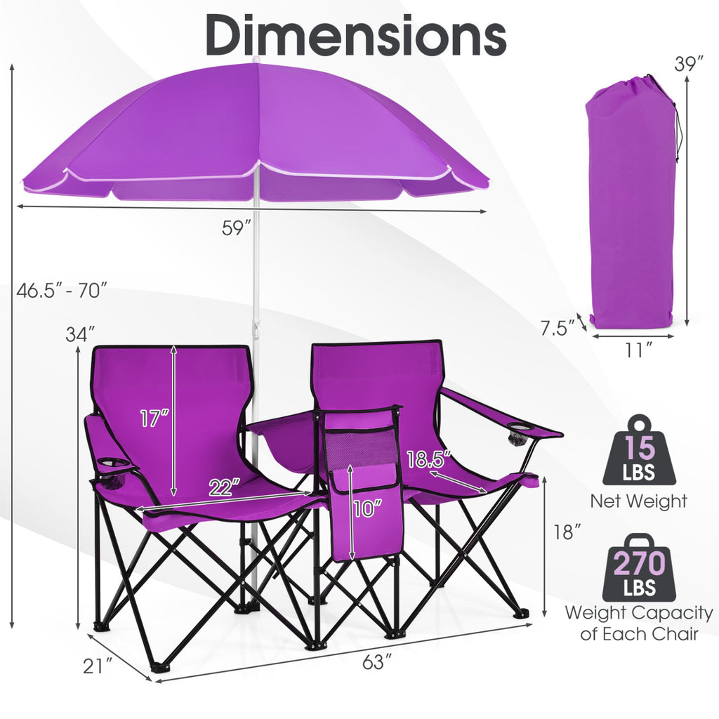 Portable Folding Double Chair with Umbrella – Purple