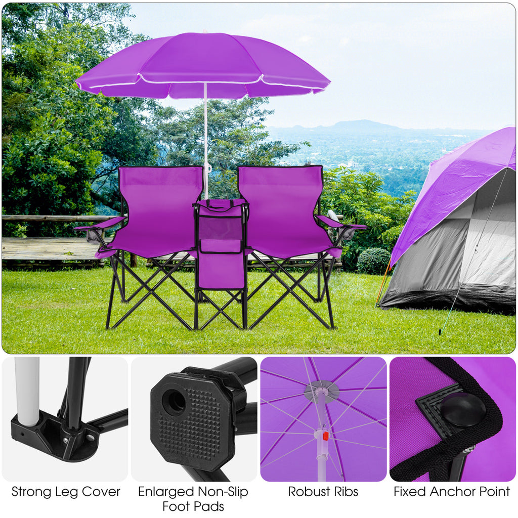 Portable Folding Double Chair with Umbrella – Purple