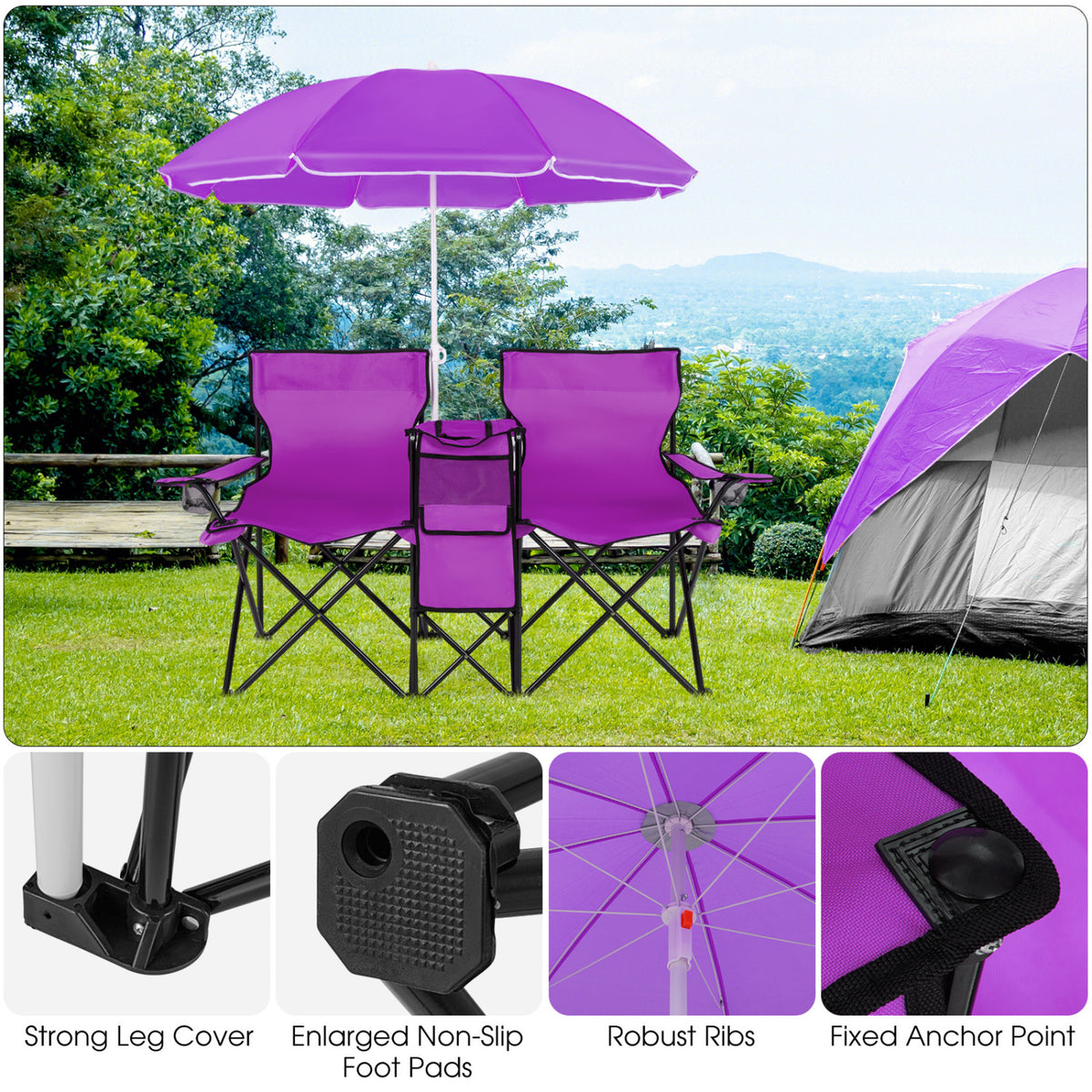 Portable Folding Double Chair with Umbrella – Purple