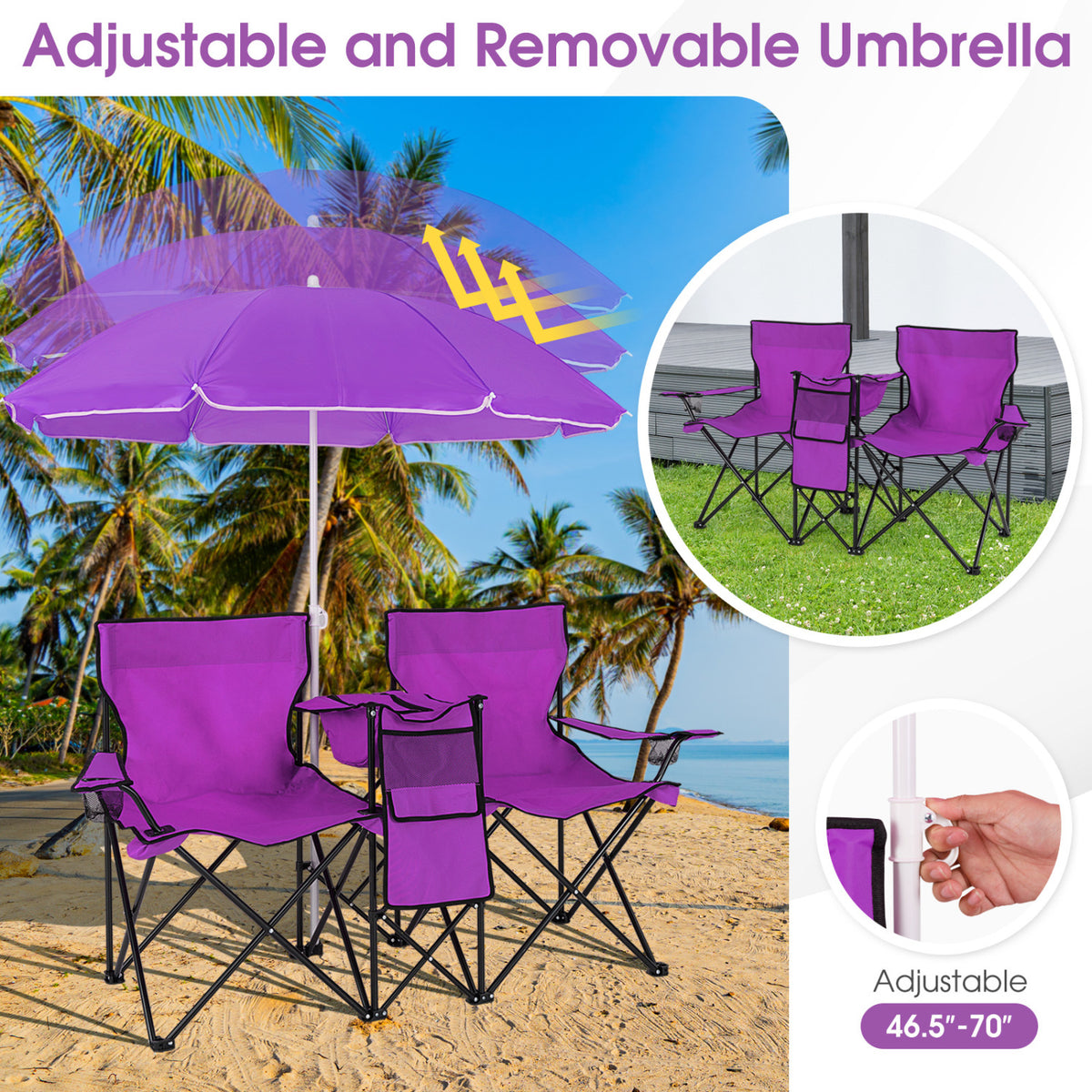 Portable Folding Double Chair with Umbrella – Purple