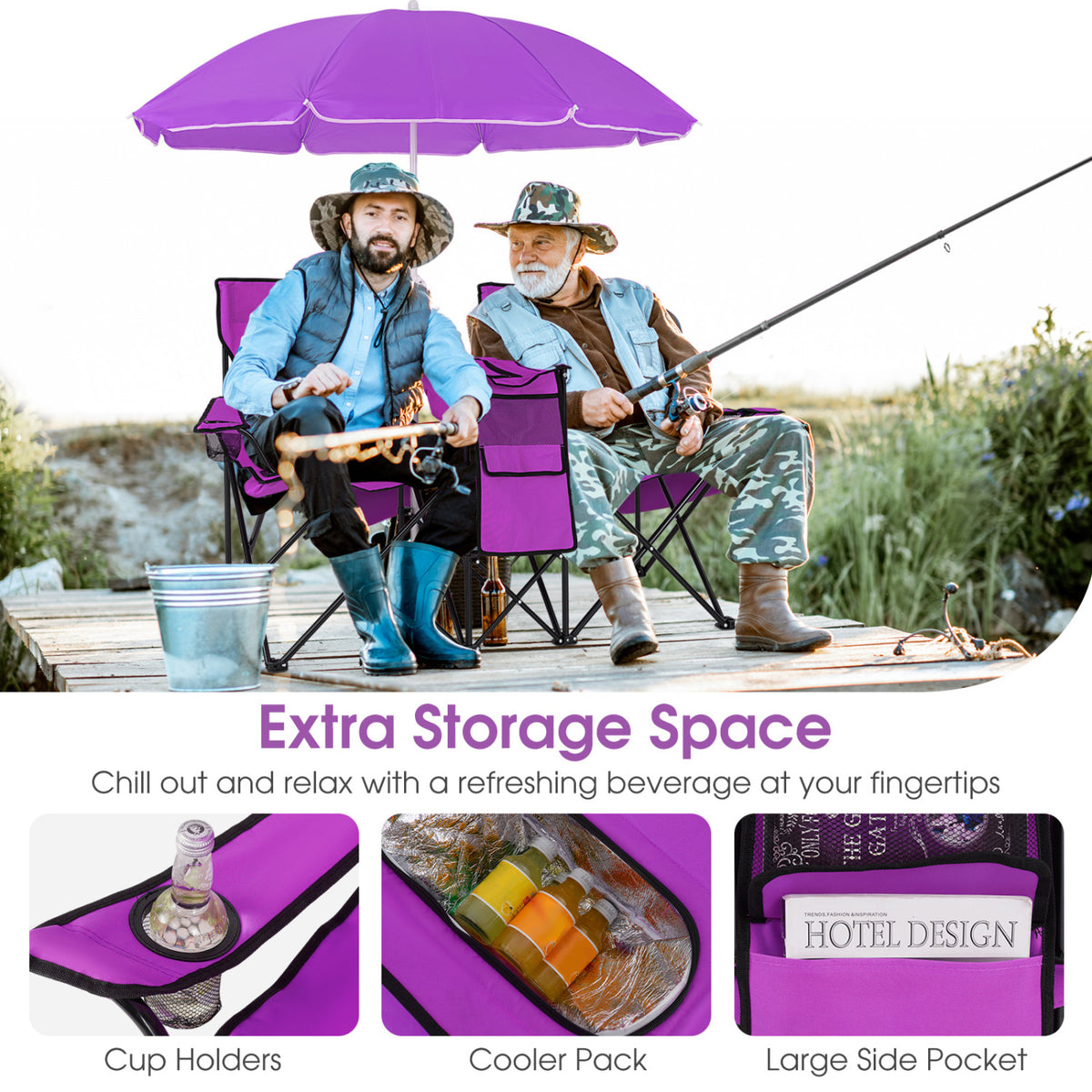 Portable Folding Double Chair with Umbrella – Purple