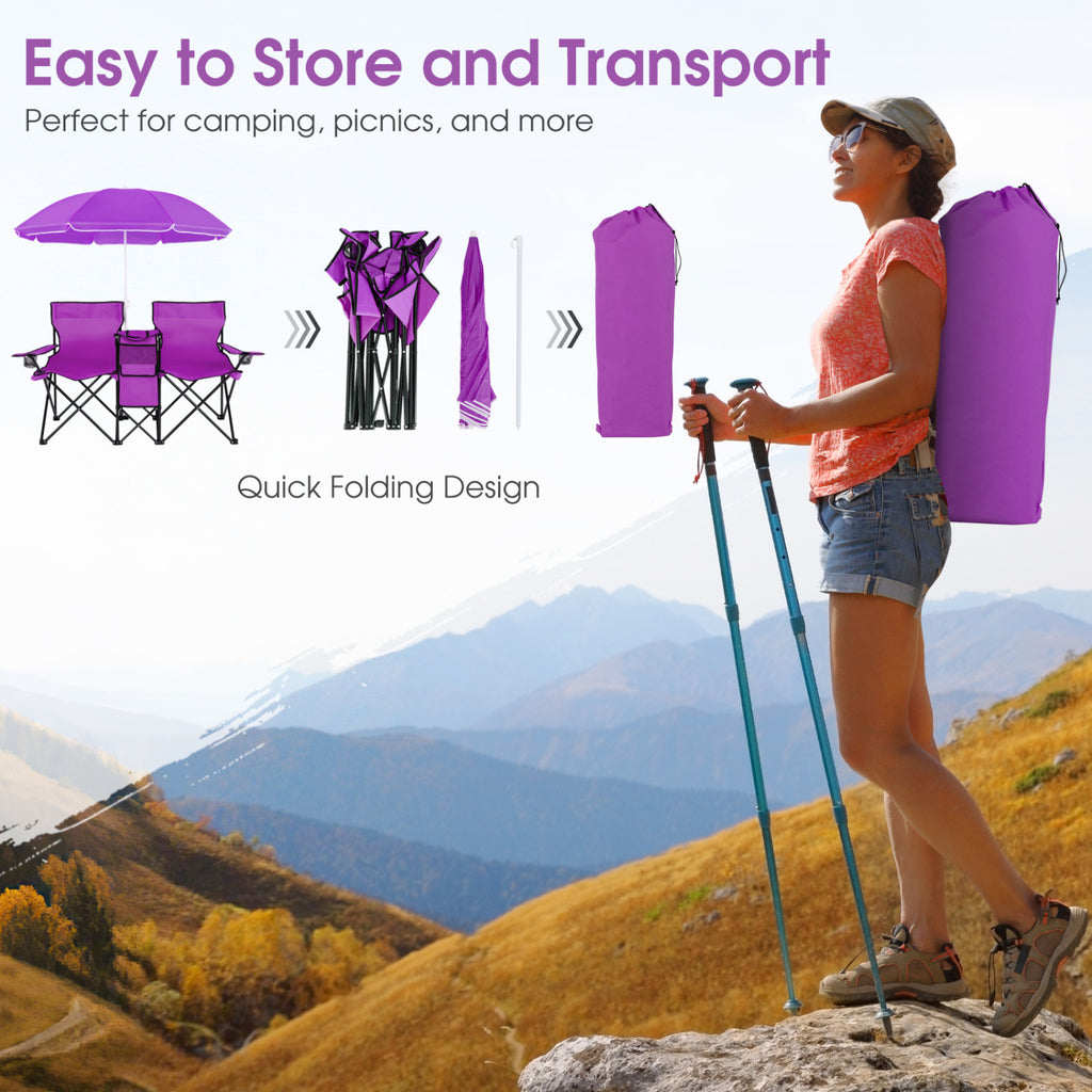 Portable Folding Double Chair with Umbrella – Purple