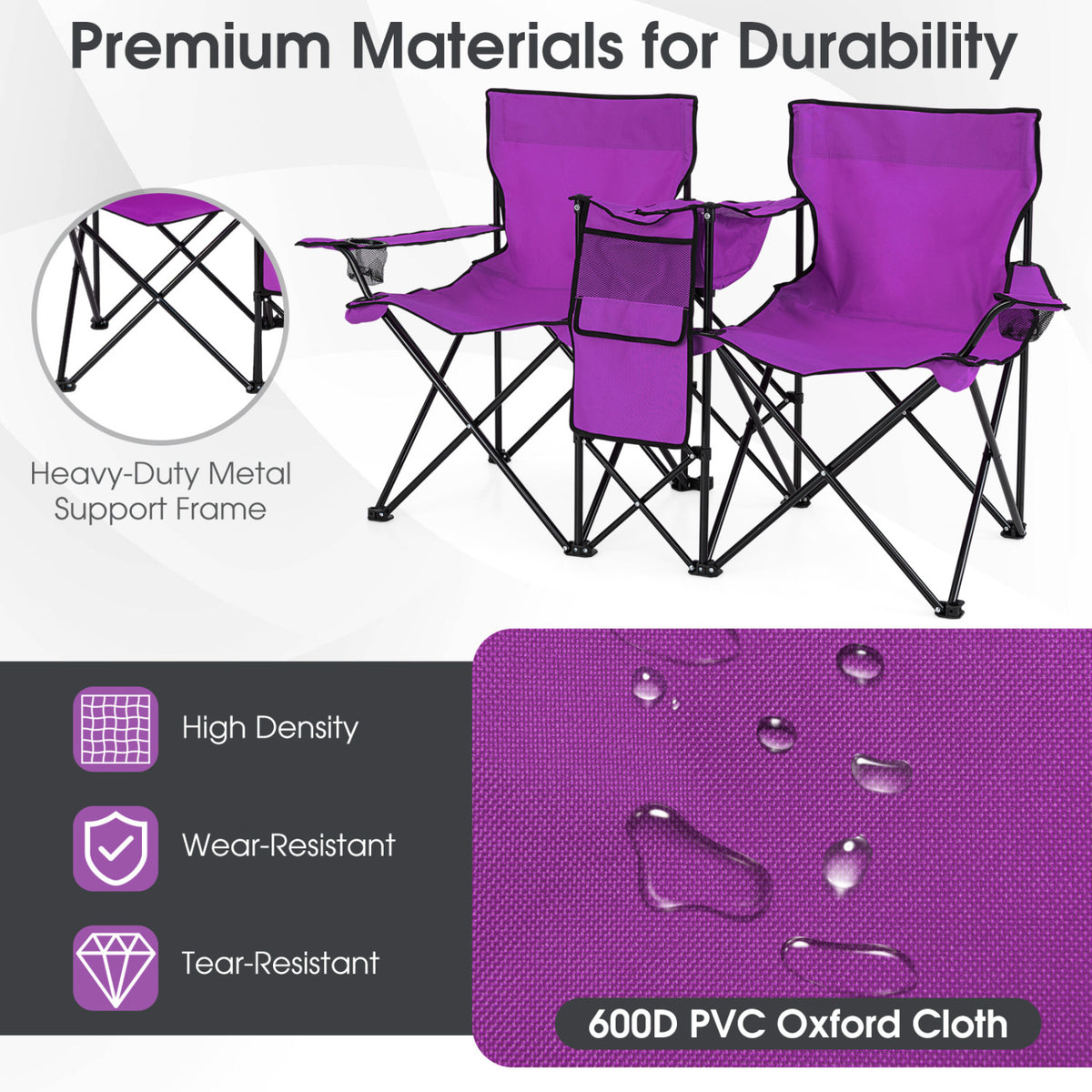 Portable Folding Double Chair with Umbrella – Purple