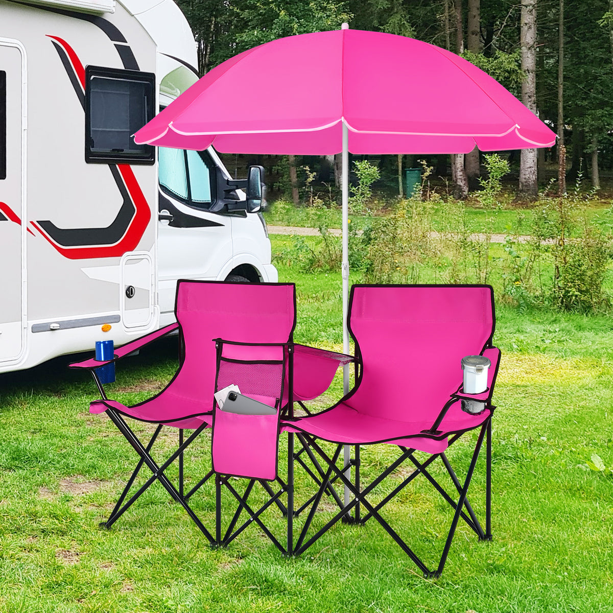 Portable Folding Picnic Double Chair With Removable Umbrella