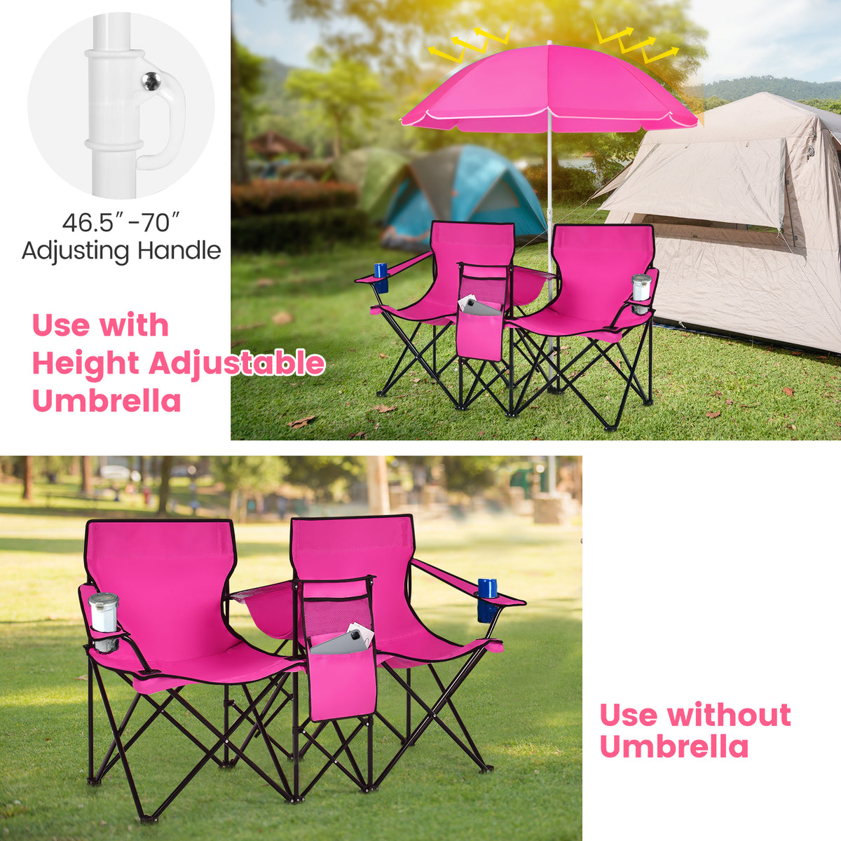 Portable Folding Picnic Double Chair With Removable Umbrella