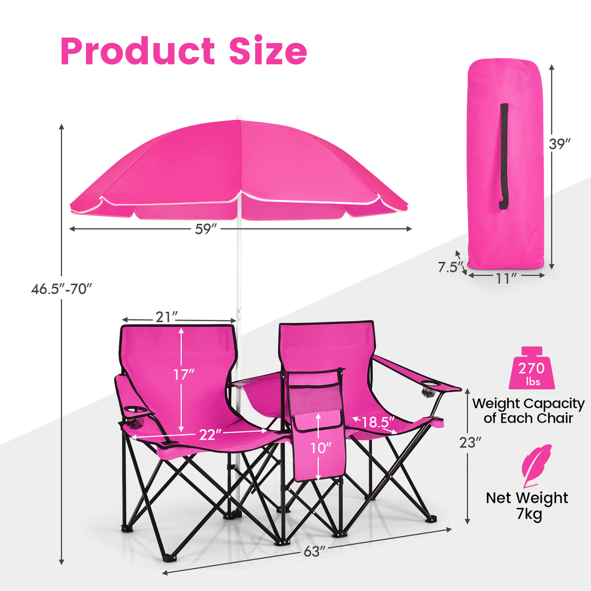 Portable Folding Picnic Double Chair With Removable Umbrella