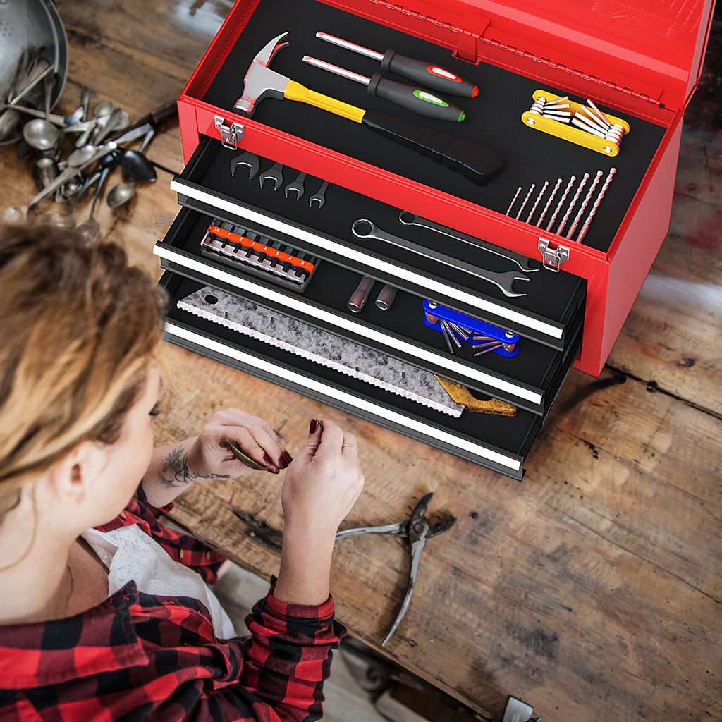 Portable Garage Tool Cabinet with 3 Drawers – Black & Red