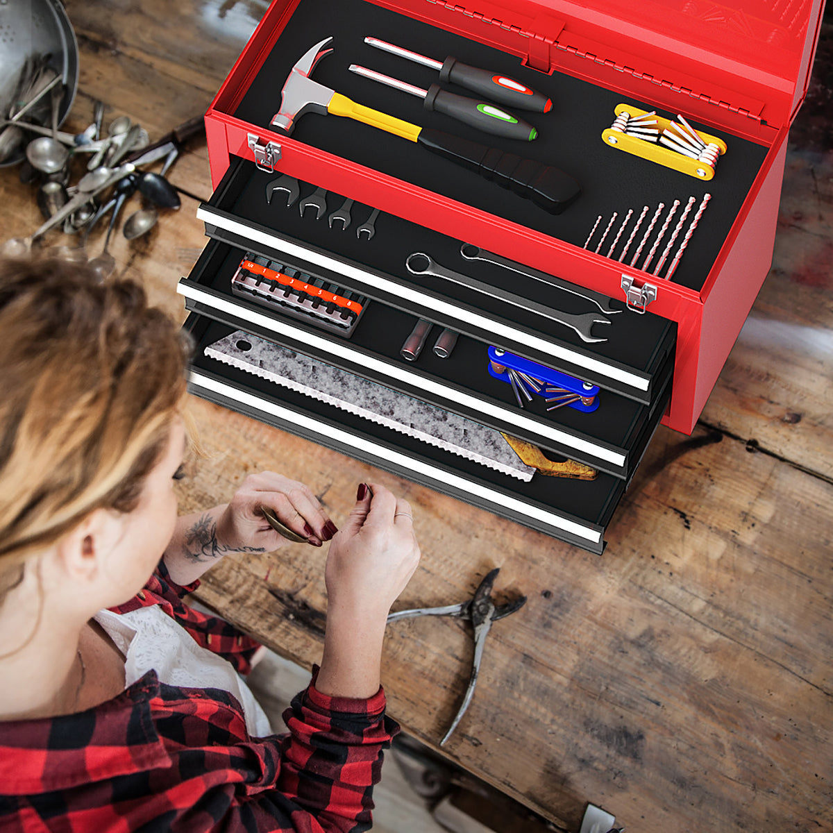 Portable Garage Tool Cabinet with 3 Drawers – Black & Red