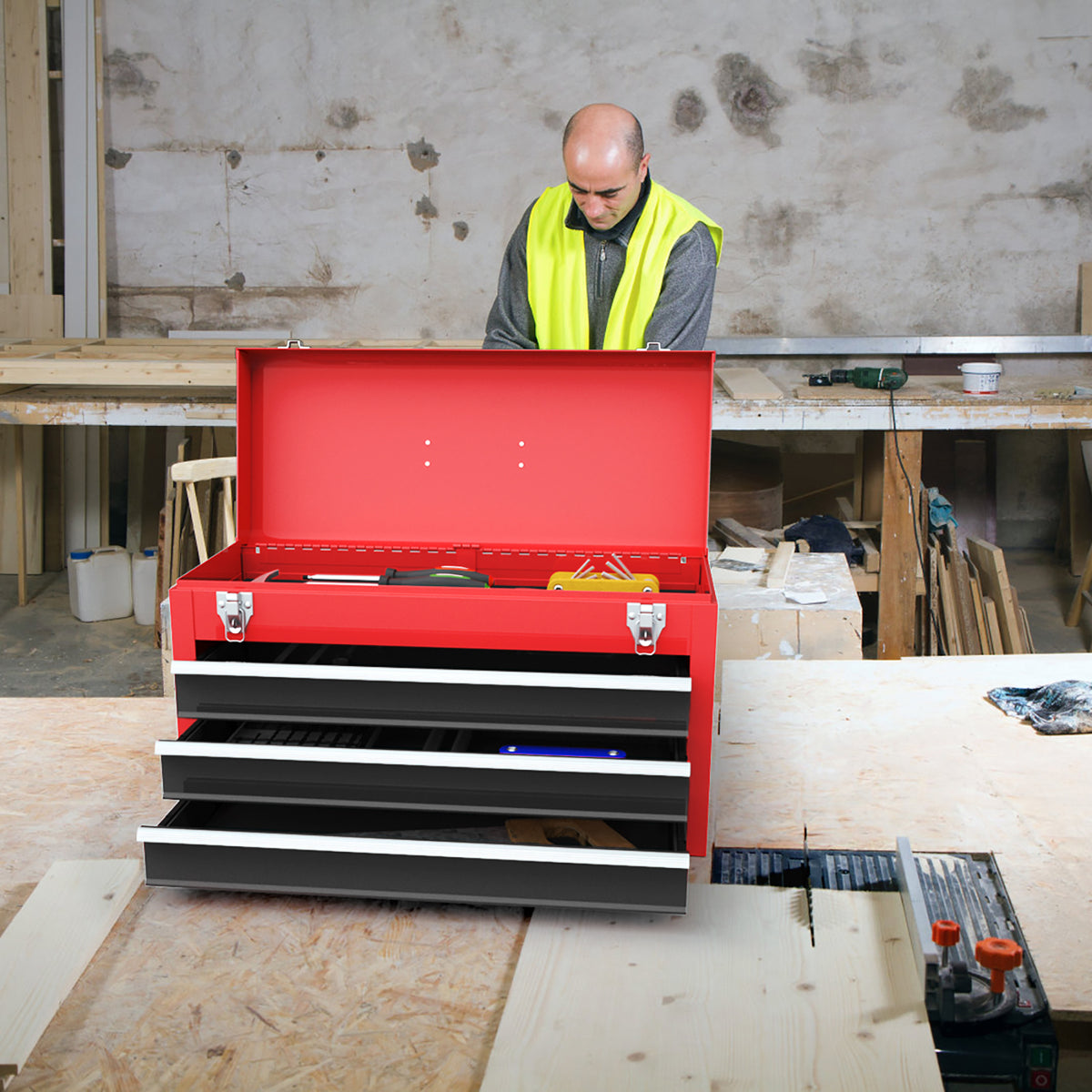Portable Garage Tool Cabinet with 3 Drawers – Black & Red