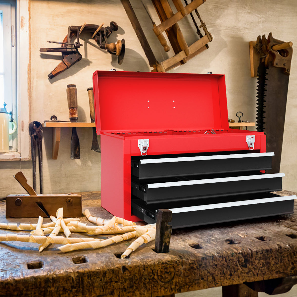 Portable Garage Tool Cabinet with 3 Drawers – Black & Red