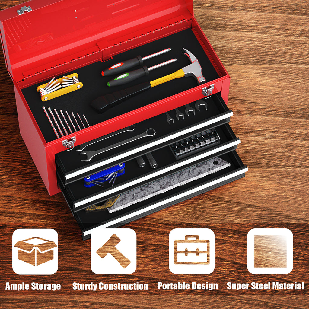 Portable Garage Tool Cabinet with 3 Drawers – Black & Red