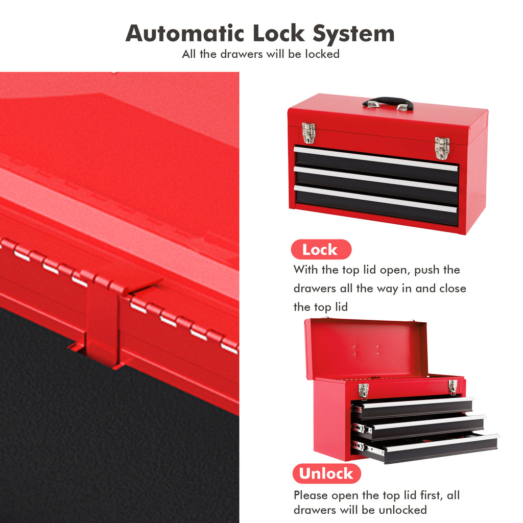 Portable Garage Tool Cabinet with 3 Drawers – Black & Red