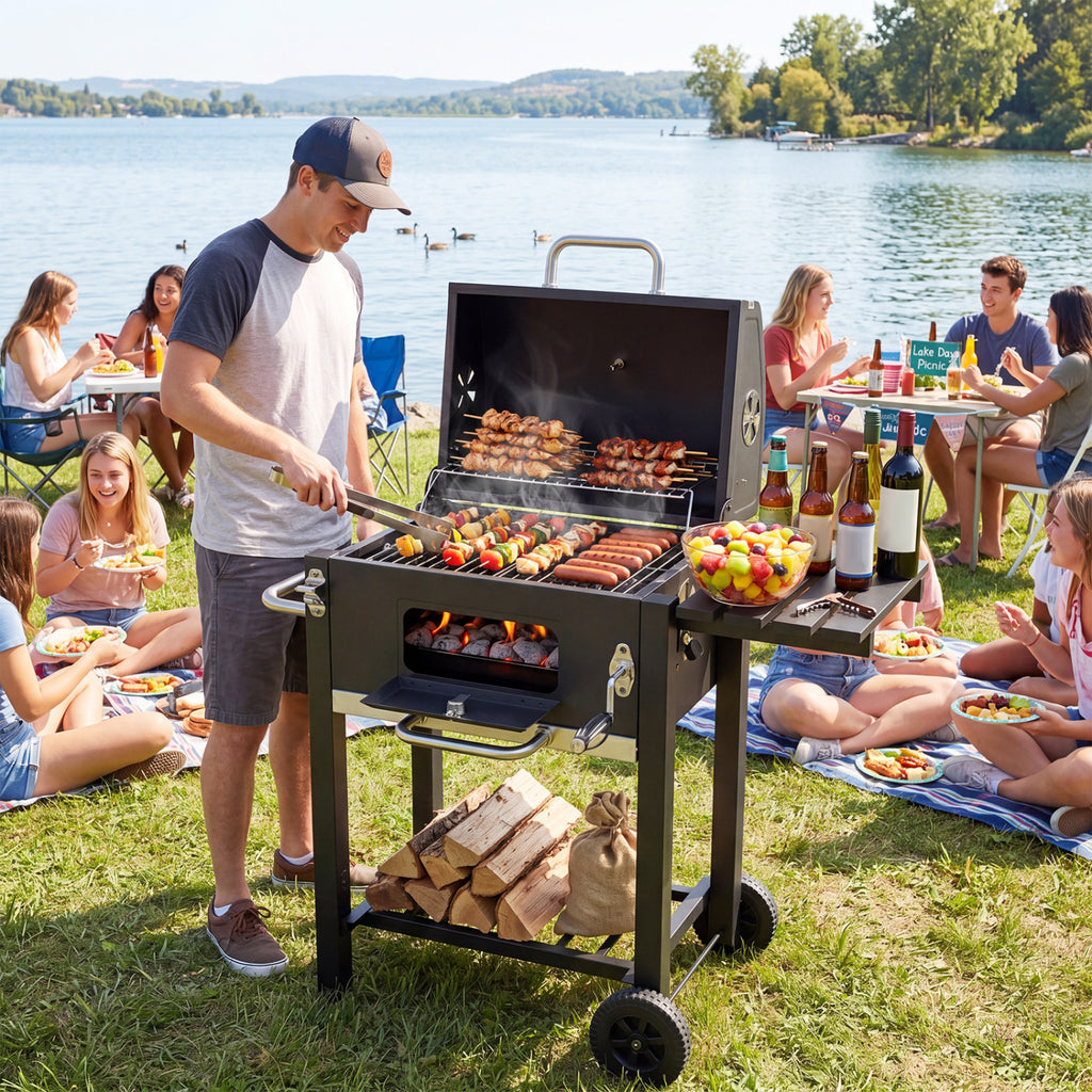 Portable Outdoor Barbecue Grill with Adjustable Charcoal Tray and