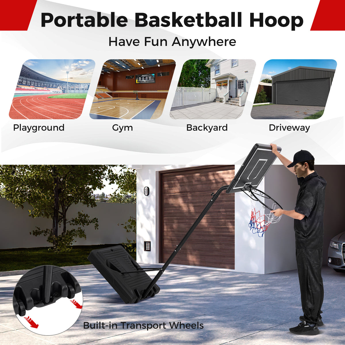 Portable Outdoor Basketball Hoop with Adjustable Height & Fillable Base