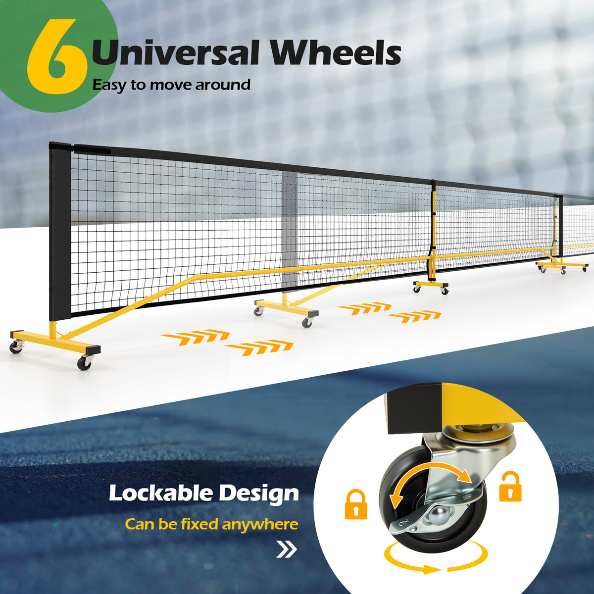Pickleball Net with 6 Lockable Wheels - 22 Ft Portable with Carry Bag