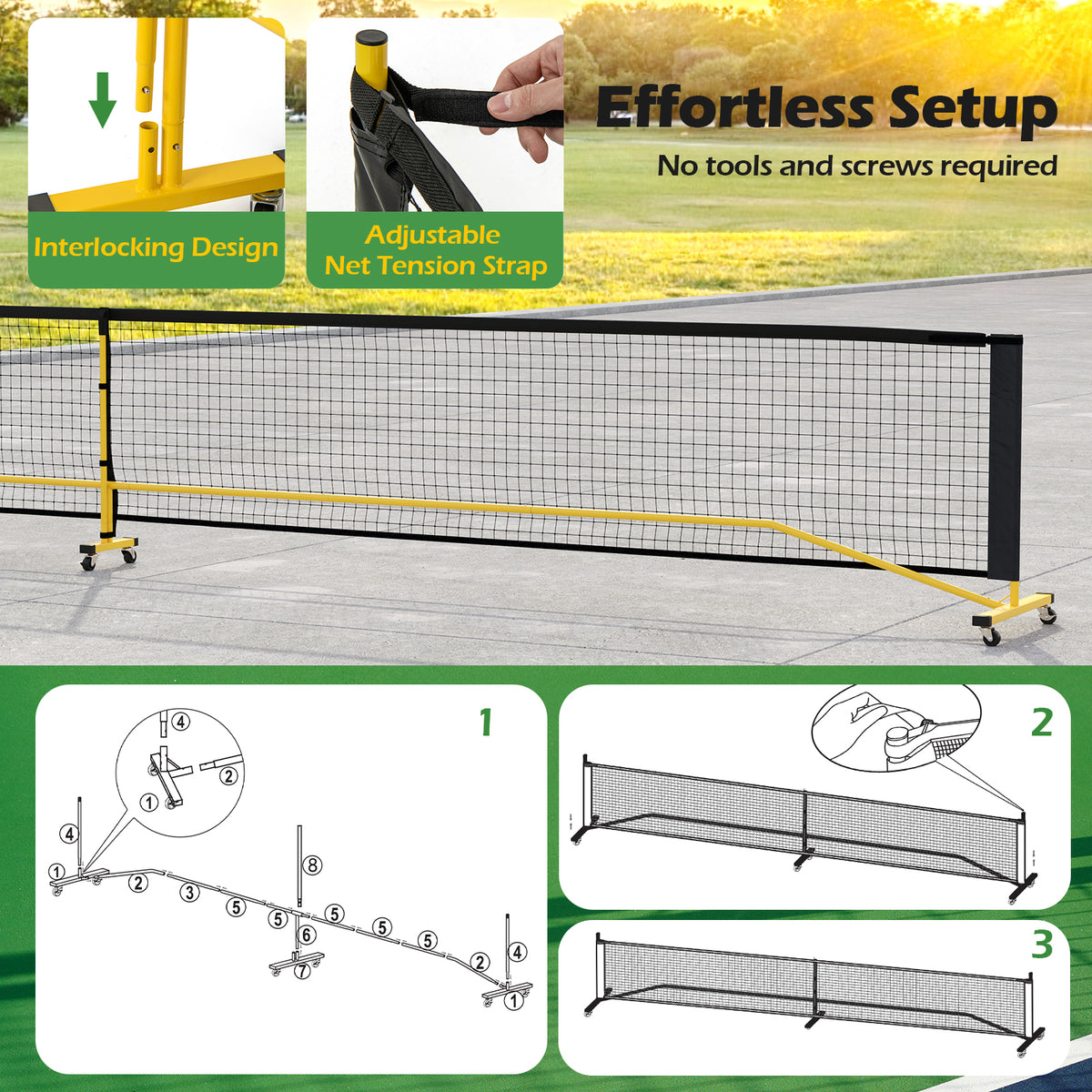 Pickleball Net with 6 Lockable Wheels - 22 Ft Portable with Carry Bag