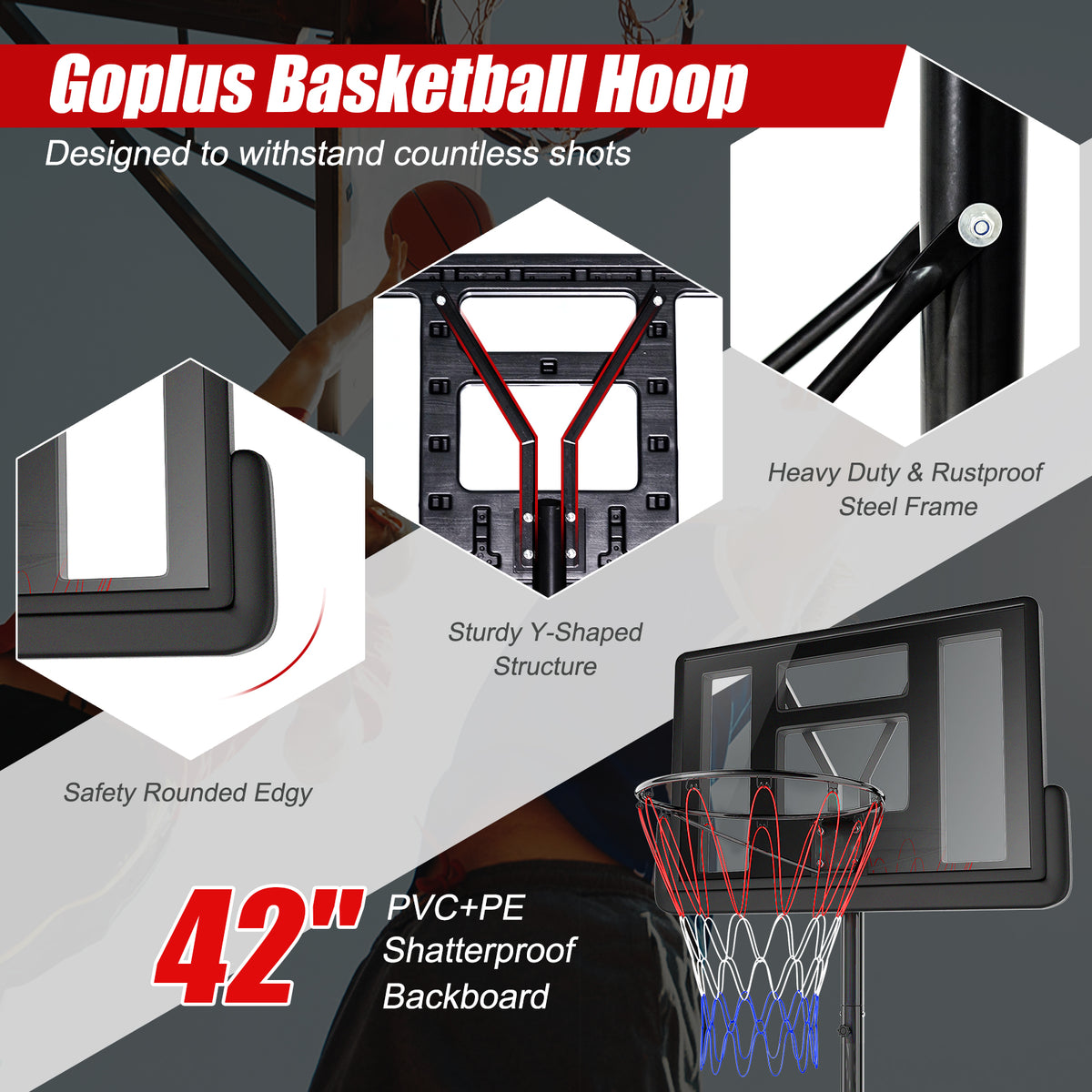 Height Adjustable Portable Shatterproof Basketball Hoop with 2 Nets - 8.5-10 FT, Outdoor Indoor