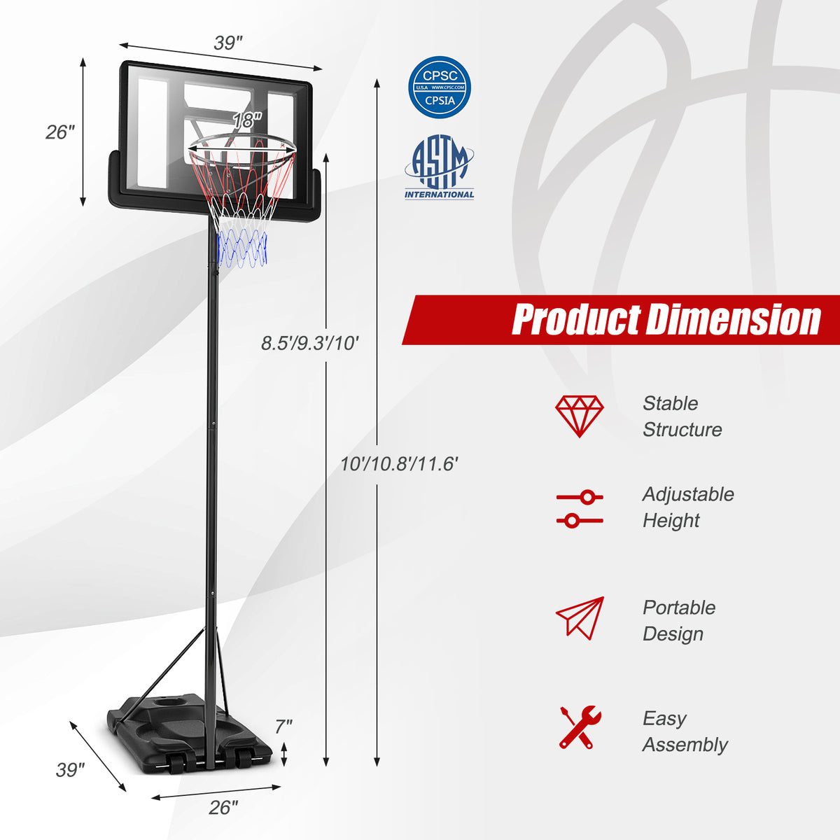 Height Adjustable Portable Shatterproof Basketball Hoop with 2 Nets - 8.5-10 FT, Outdoor Indoor