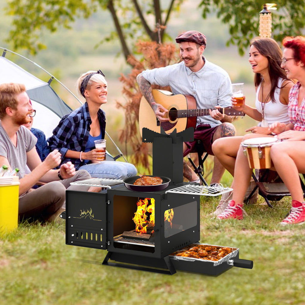 Portable Wood Burning Stove with Pot Rack, Oven Pan – Black