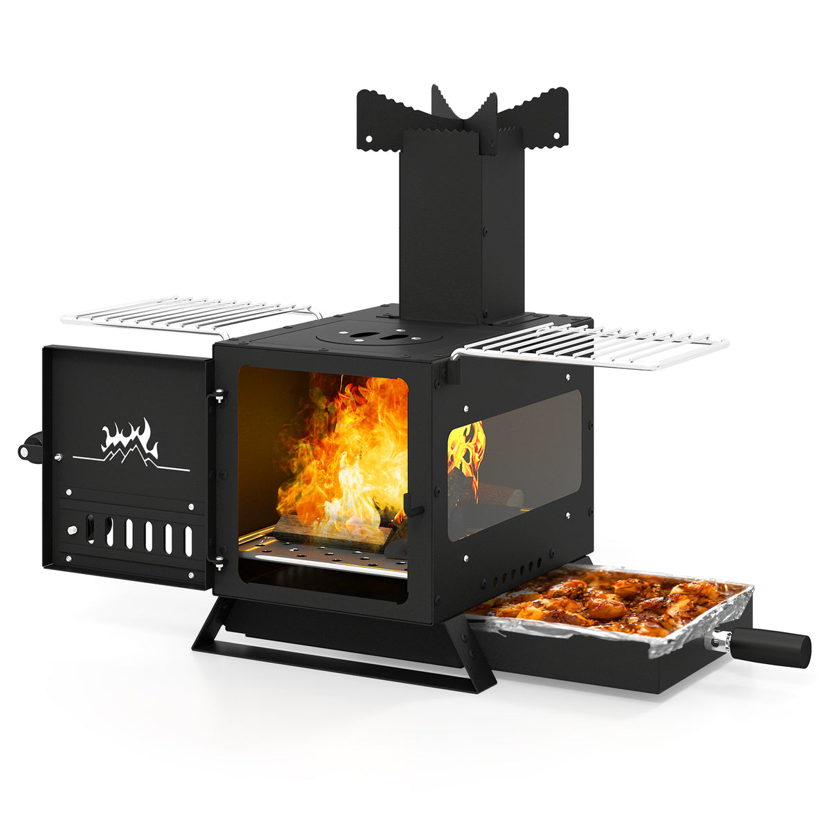 Portable Wood Burning Stove with Pot Rack, Oven Pan – Black