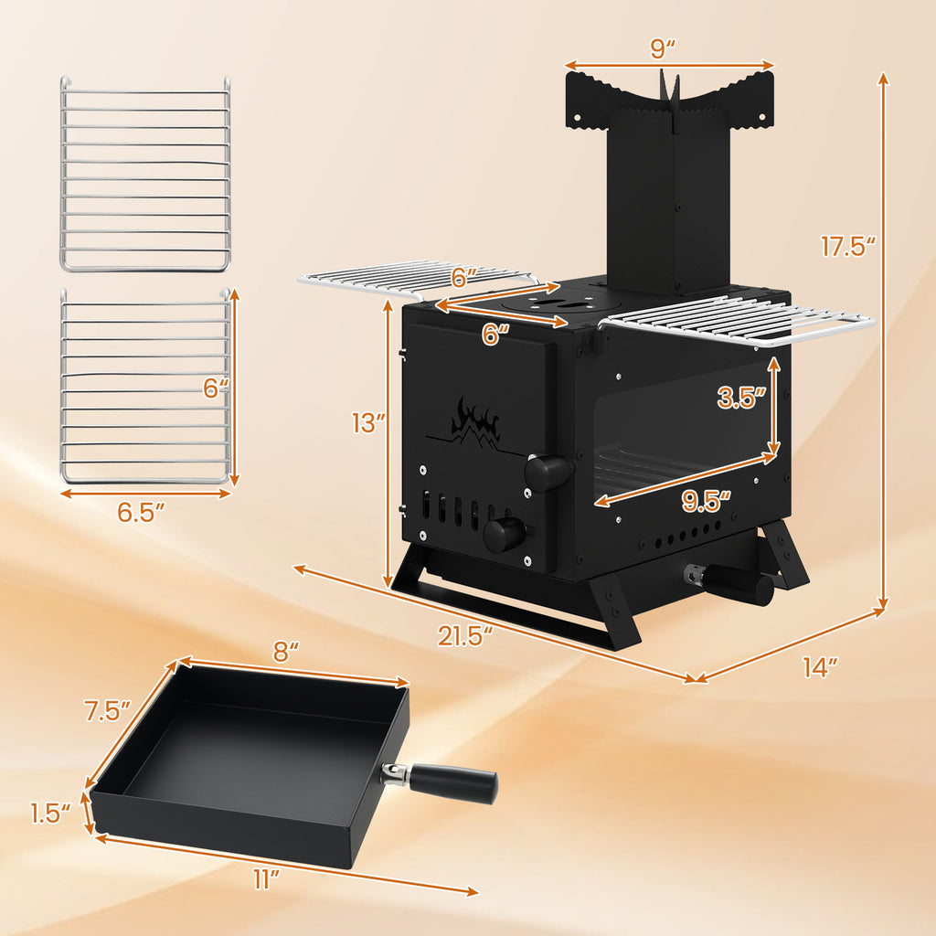 Portable Wood Burning Stove with Pot Rack, Oven Pan – Black