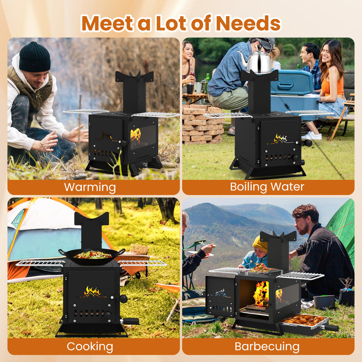 Portable Wood Burning Stove with Pot Rack, Oven Pan – Black