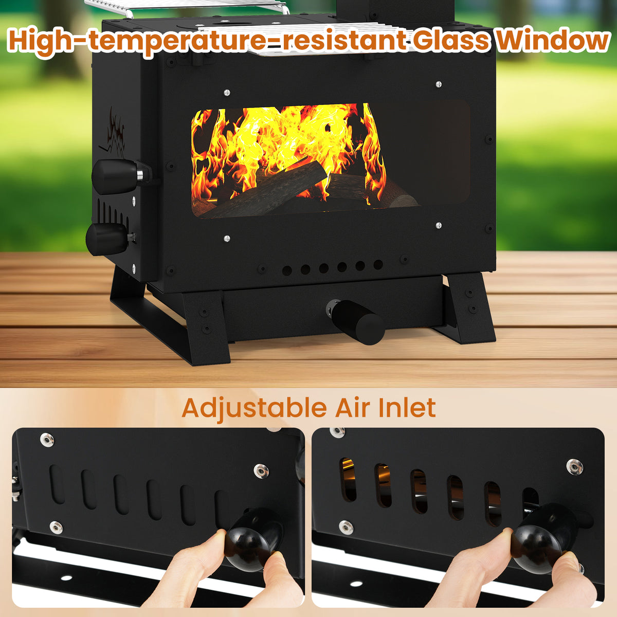 Portable Wood Burning Stove with Pot Rack, Oven Pan – Black
