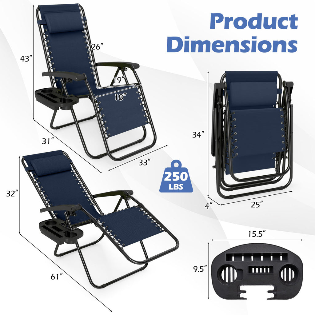 Portable Zero Gravity Chairs with Cup Holder Trays and Backrest Set