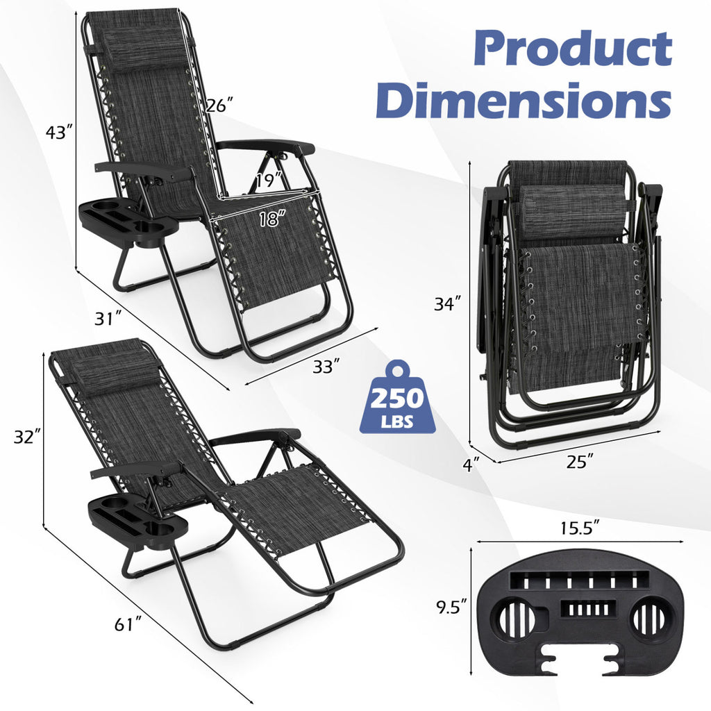 Portable Zero Gravity Chairs with Cup Holder Trays and Backrest Set