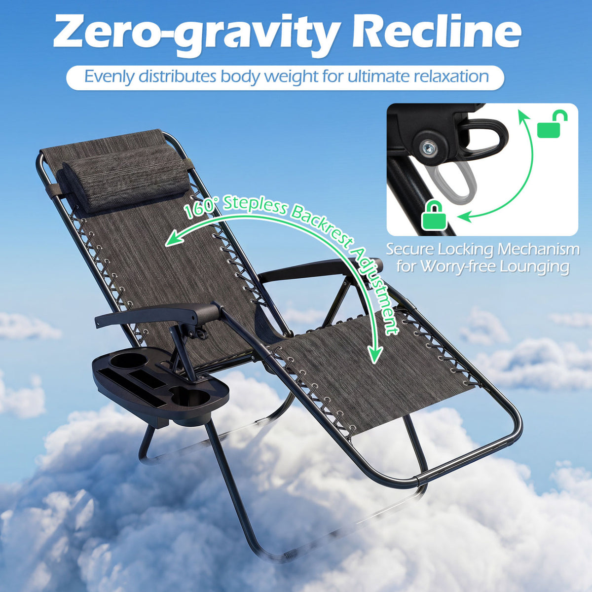 Portable Zero Gravity Chairs with Cup Holder Trays and Backrest Set
